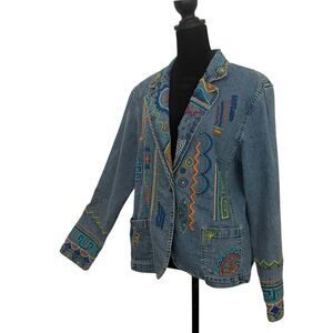 Hearts of Palm Embroidered Denim Jacket Womens 14 Boho Southwestern‎ Aztec Artsy